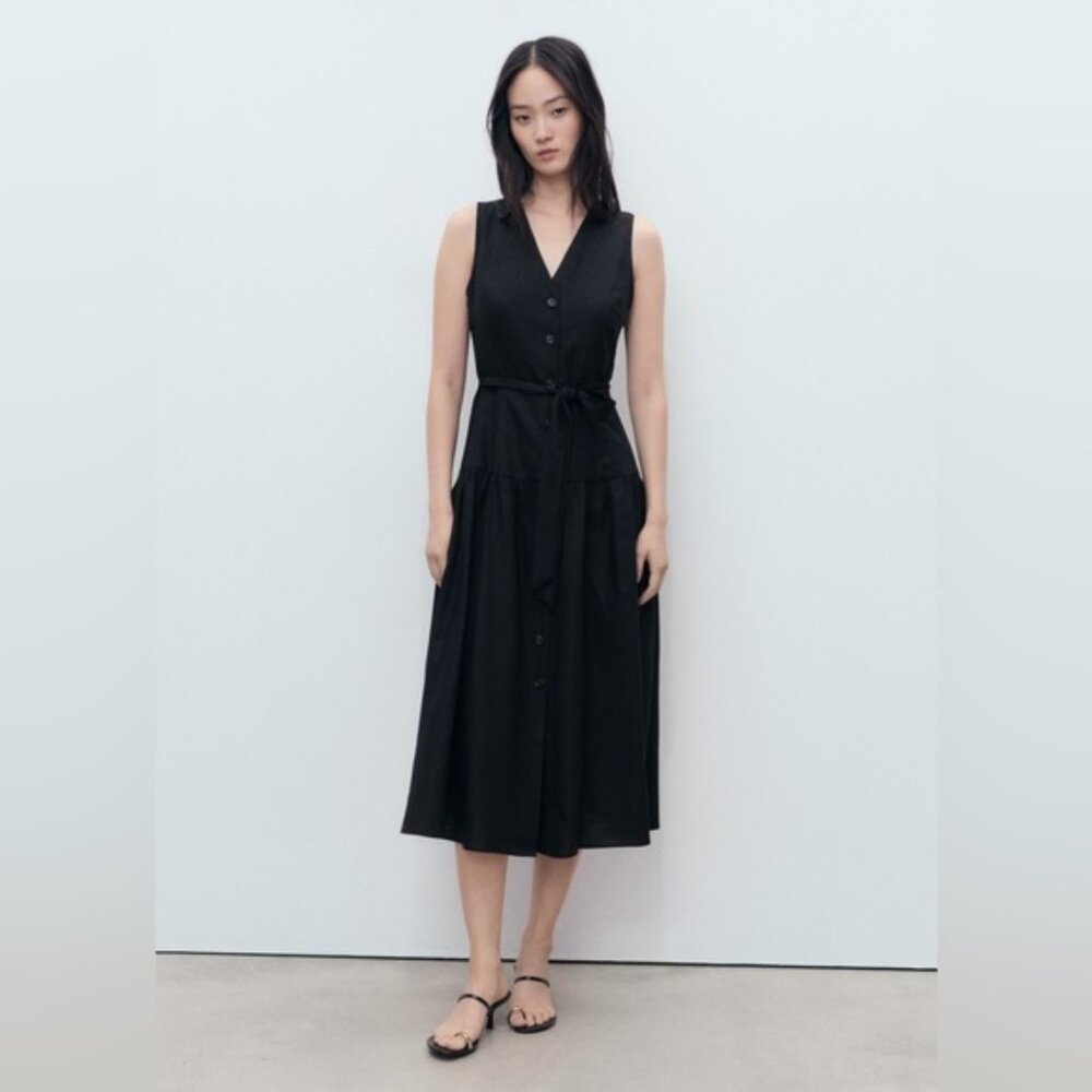 NWT MNG Linen Midi-Dress With Belt Size 6